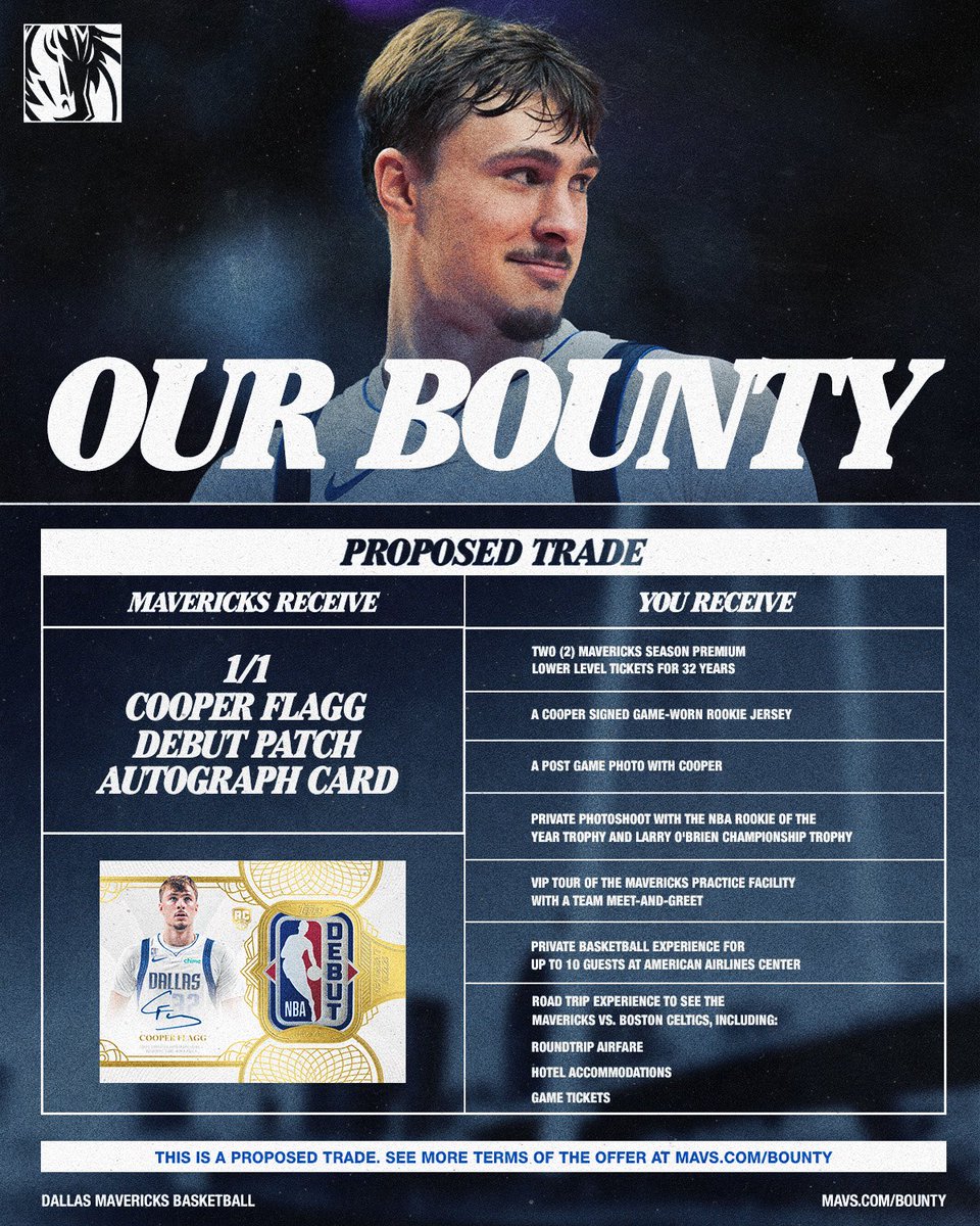 The Mavericks' Our Bounty poster, the proposed trade listing everything offered for the 1/1 Cooper Flagg Debut Patch Autograph Card