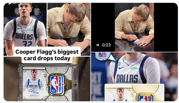 Collage from the Fanatics video, Cooper Flagg at a table signing his 1/1 Debut Patch card, alongside the finished gold-framed card