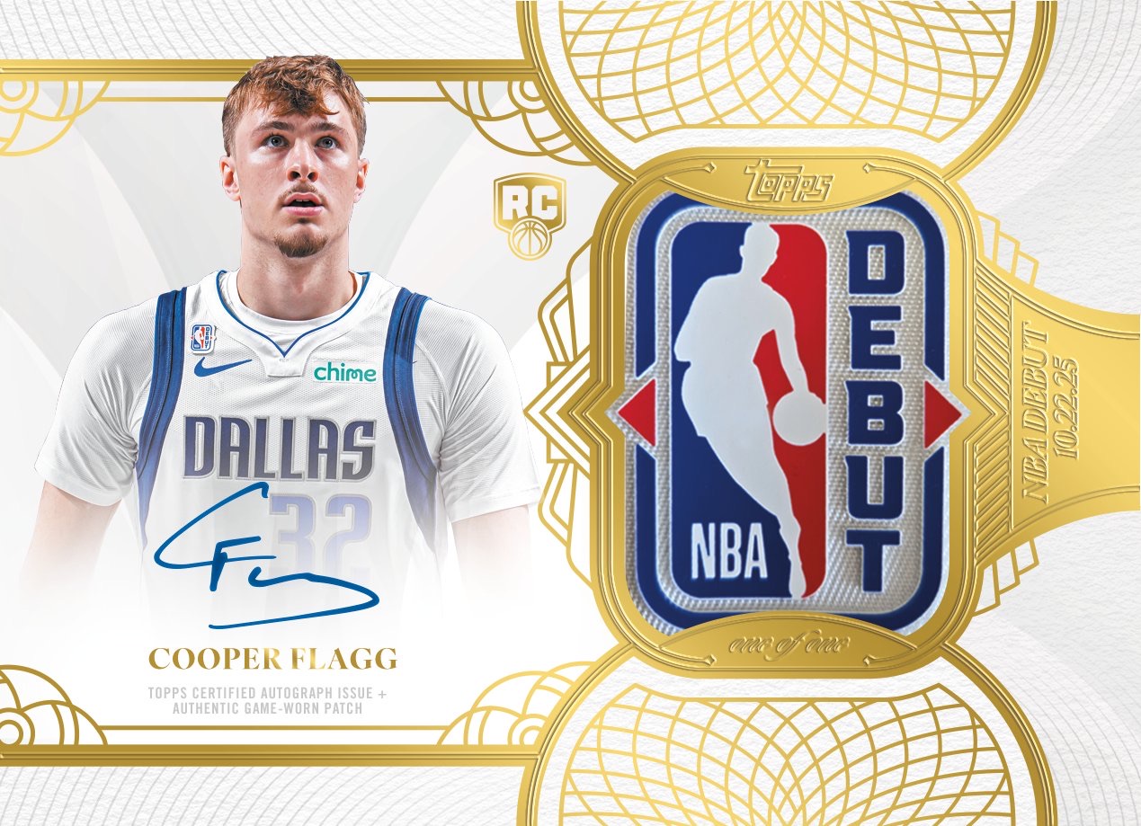 The Cooper Flagg 1/1 NBA Debut Patch Autograph card, Flagg in a white Dallas jersey beside the gold-framed NBA Debut logo patch stamped 10.22.25, with his autograph in blue