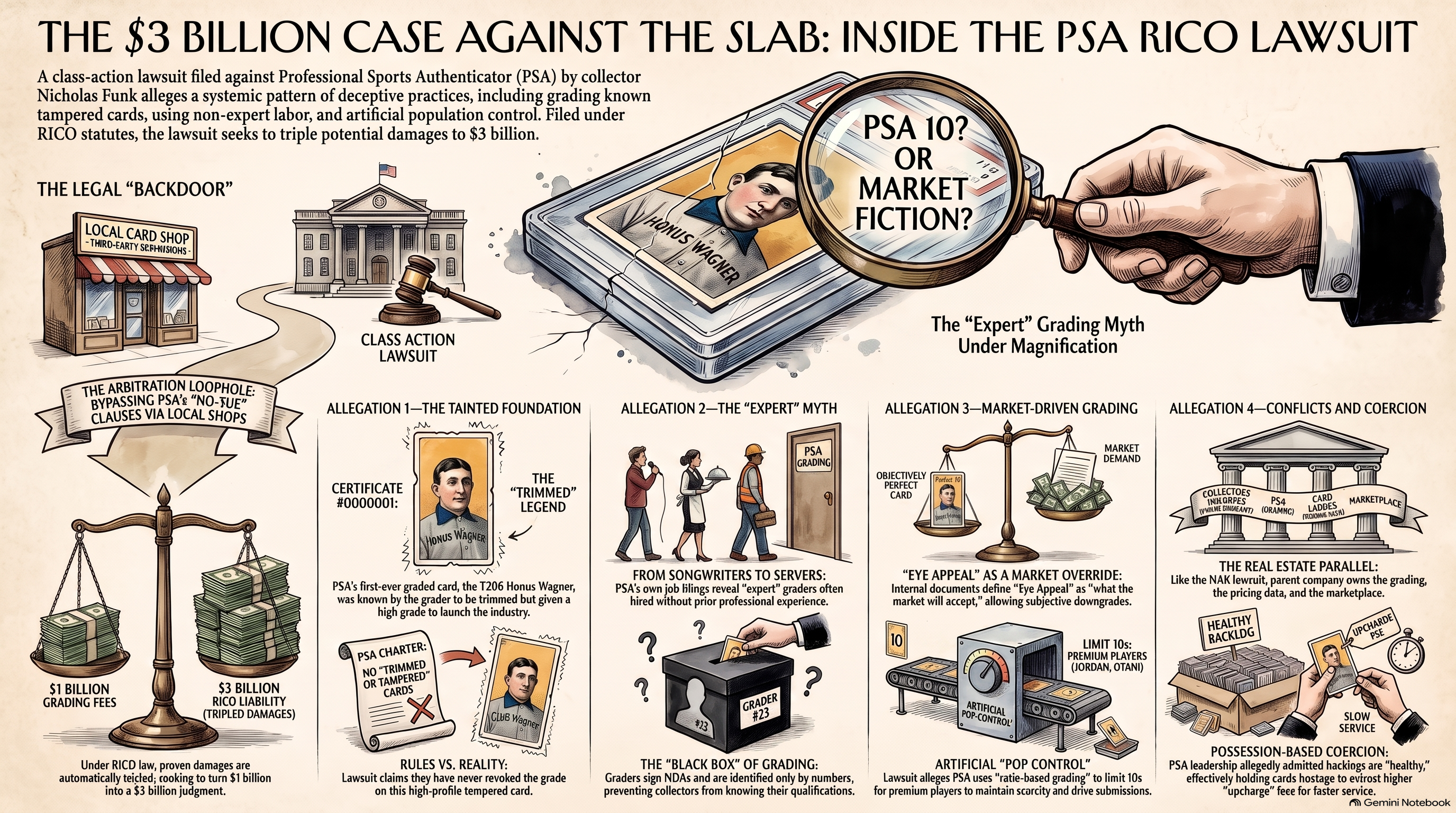 Infographic titled "The $3 Billion Case Against the Slab: Inside the PSA RICO Lawsuit," summarizing the complaint's four allegation categories (tainted foundation, expert myth, market-driven grading, conflicts and coercion) plus the arbitration loophole and the $1 billion to $3 billion RICO trebling math
